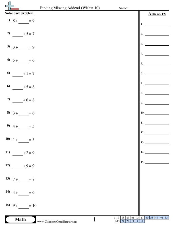 Finding Missing Addend (Within 10) worksheet